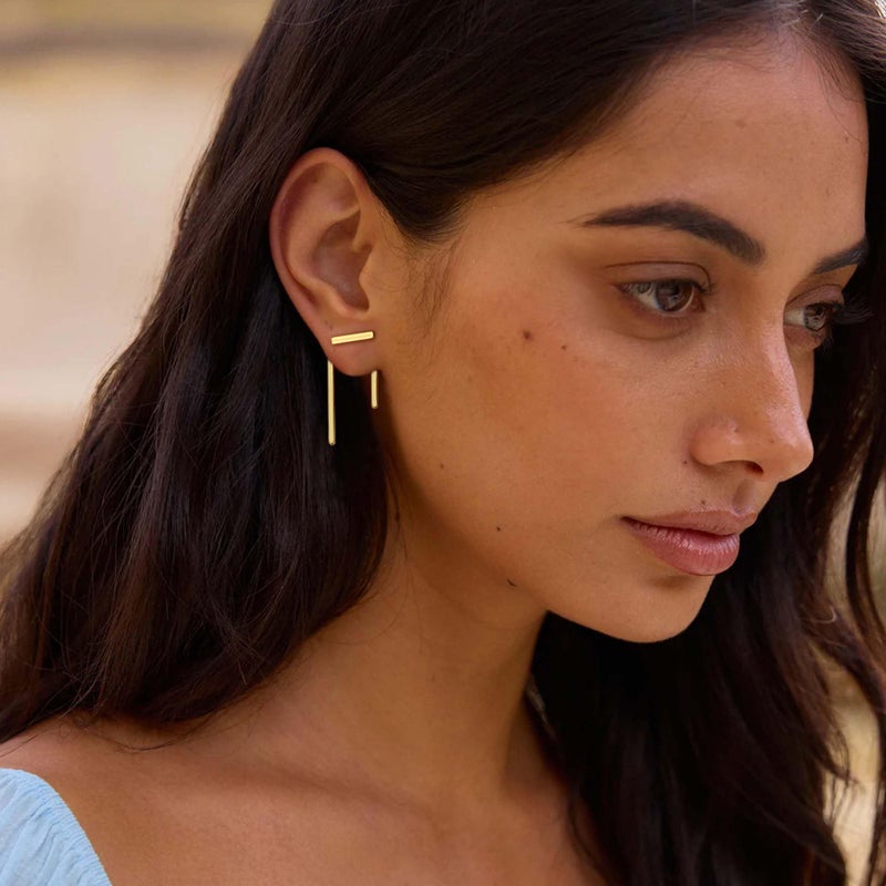 LOYATA Ear Jacket Earrings Gold Stud Bar Thread 14K Gold Plated Dainty Small Simple Hypoallergenic Geometric Jewelry Gift for Women - Image 4